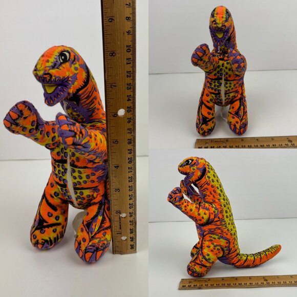 Vtg Play by Play Soft Plush Dinosaur Stuffed Animal Neon Orange Purple Black - Picture 3 of 11